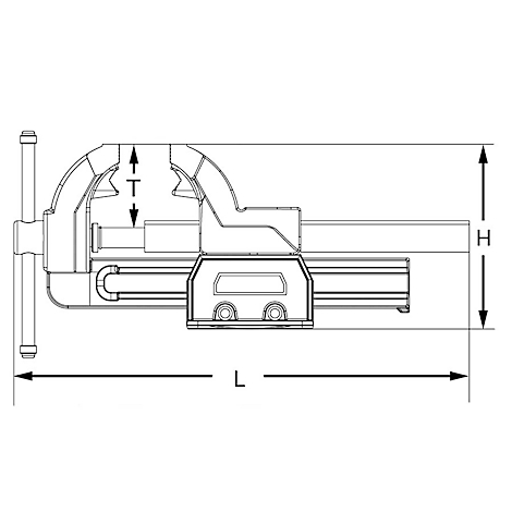 Zeichnung eines Schraubstocks mit Maßangaben. Der Schraubstock ist grau dargestellt und von Pfeilen mit den Buchstaben L, H und T versehen.